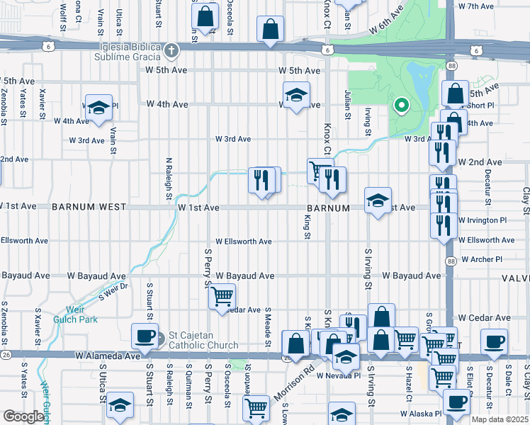 map of restaurants, bars, coffee shops, grocery stores, and more near 118 Meade Street in Denver