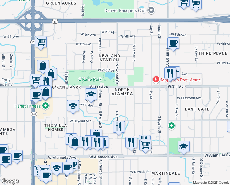 map of restaurants, bars, coffee shops, grocery stores, and more near in Lakewood
