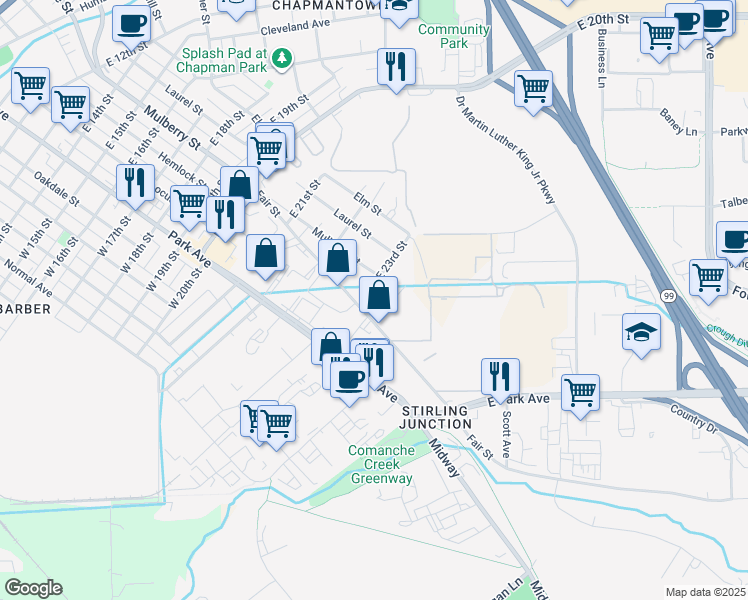 map of restaurants, bars, coffee shops, grocery stores, and more near 378 East 23rd Street in Chico