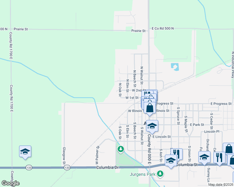 map of restaurants, bars, coffee shops, grocery stores, and more near West 2nd Street in Arthur