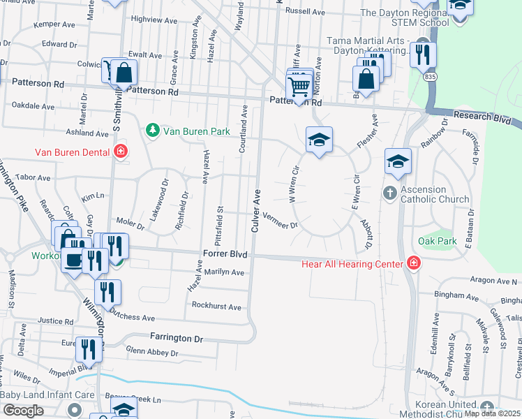 map of restaurants, bars, coffee shops, grocery stores, and more near 2052 Culver Avenue in Dayton