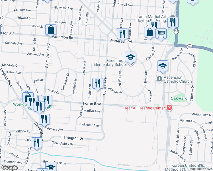 map of restaurants, bars, coffee shops, grocery stores, and more near 2033 Culver Avenue in Dayton