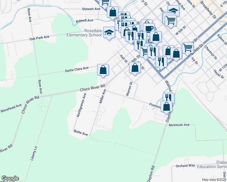 map of restaurants, bars, coffee shops, grocery stores, and more near 561 Pomona Avenue in Chico