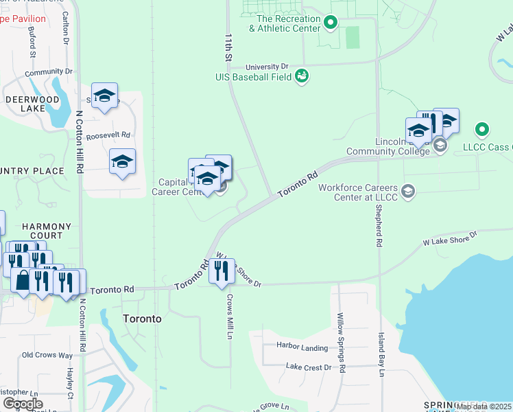 map of restaurants, bars, coffee shops, grocery stores, and more near 2201 Toronto Road in Springfield
