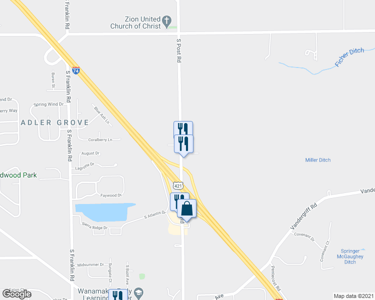 map of restaurants, bars, coffee shops, grocery stores, and more near 3511 South Post Road in Indianapolis