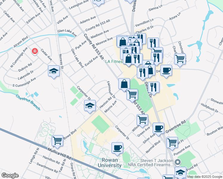 map of restaurants, bars, coffee shops, grocery stores, and more near 4 Fairmount Drive in Glassboro