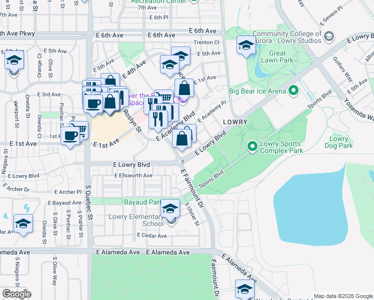 map of restaurants, bars, coffee shops, grocery stores, and more near 8099 East Lowry Boulevard in Denver
