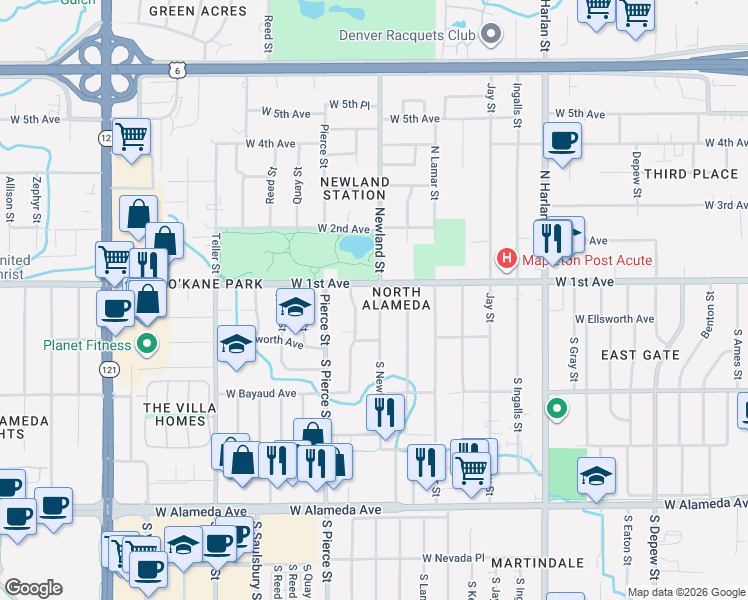 map of restaurants, bars, coffee shops, grocery stores, and more near in Lakewood