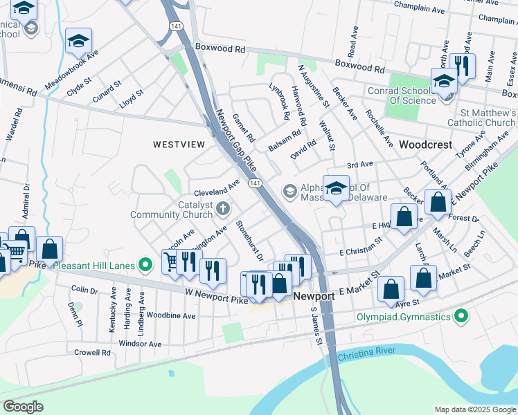map of restaurants, bars, coffee shops, grocery stores, and more near 410 Washington Avenue in Wilmington