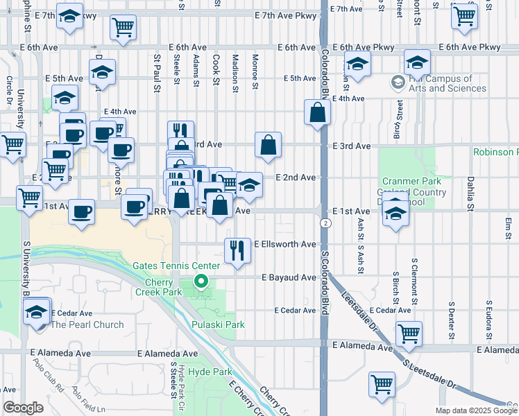 map of restaurants, bars, coffee shops, grocery stores, and more near 3611 East 1st Street in Denver