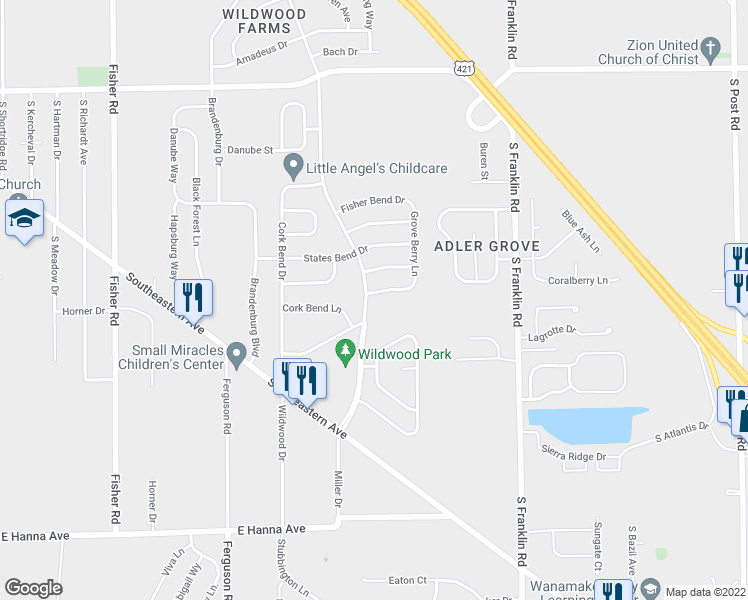 map of restaurants, bars, coffee shops, grocery stores, and more near 8035 Wildwood Farms Drive in Indianapolis