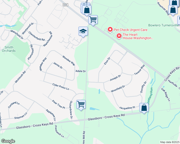 map of restaurants, bars, coffee shops, grocery stores, and more near 348 Fries Mill Road in Washington Township