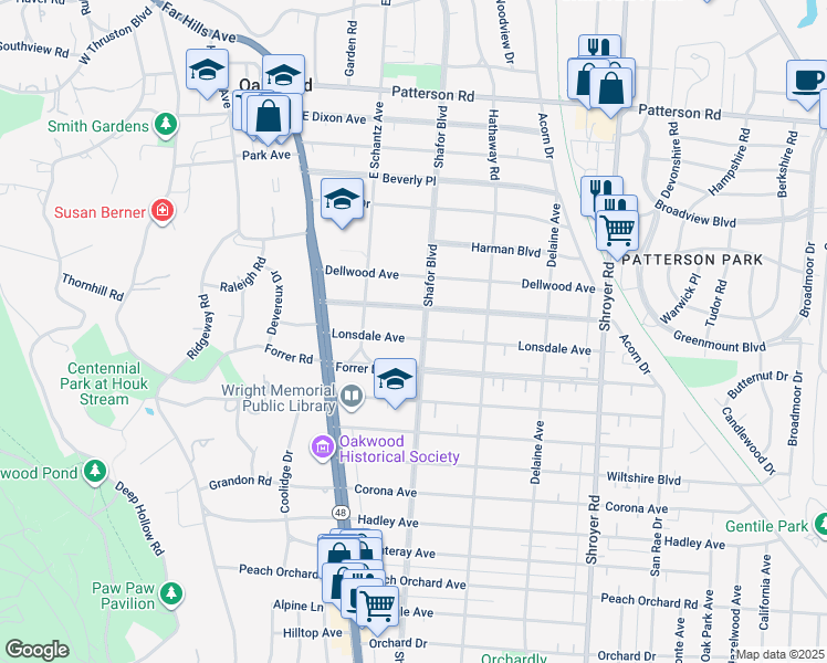 map of restaurants, bars, coffee shops, grocery stores, and more near 153 Lonsdale Avenue in Dayton