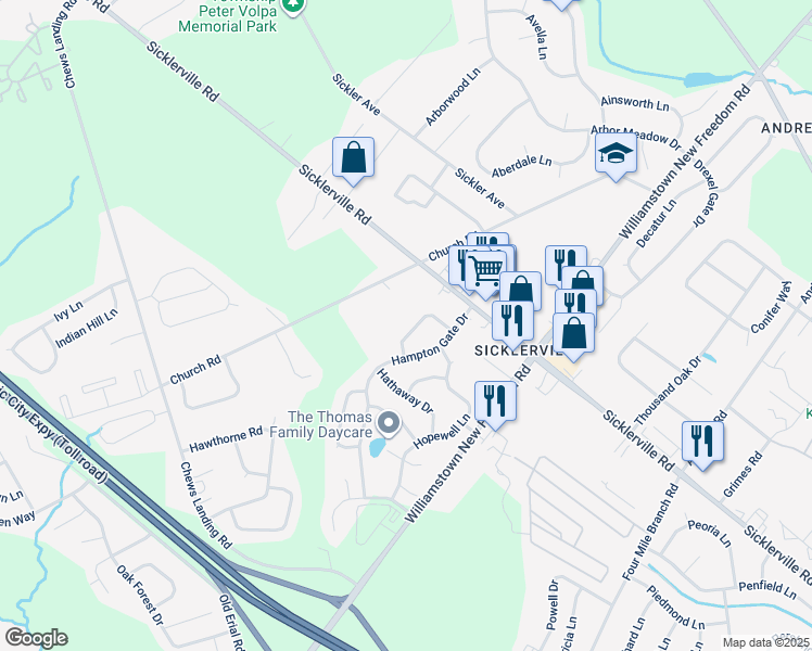 map of restaurants, bars, coffee shops, grocery stores, and more near 23 Hewitt Lane in Sicklerville