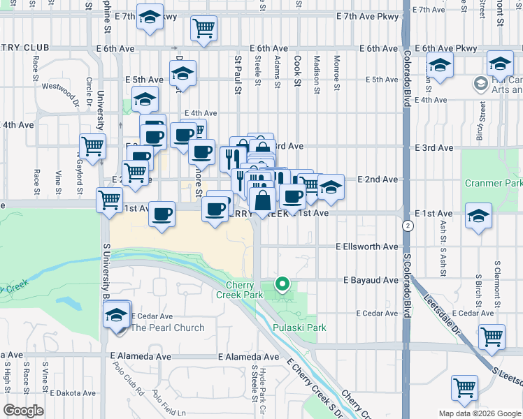 map of restaurants, bars, coffee shops, grocery stores, and more near 100 Steele Street in Denver