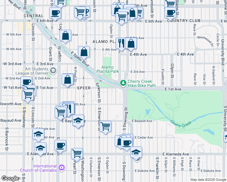 map of restaurants, bars, coffee shops, grocery stores, and more near 90 Corona Street in Denver