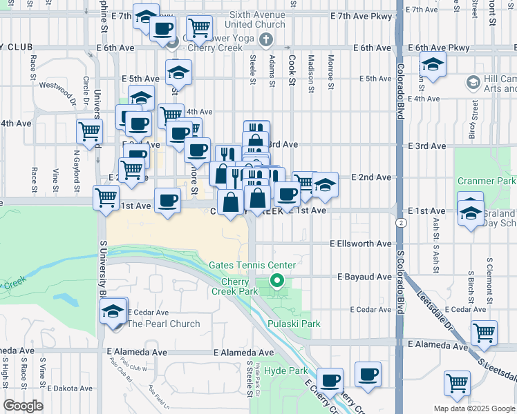 map of restaurants, bars, coffee shops, grocery stores, and more near 100 Steele Street in Denver
