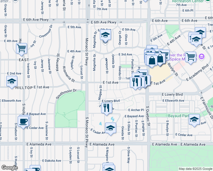 map of restaurants, bars, coffee shops, grocery stores, and more near 103 Newport Street in Denver