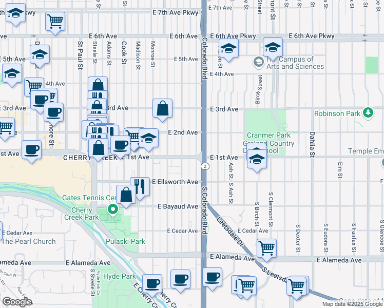 map of restaurants, bars, coffee shops, grocery stores, and more near 123 Harrison Street in Denver