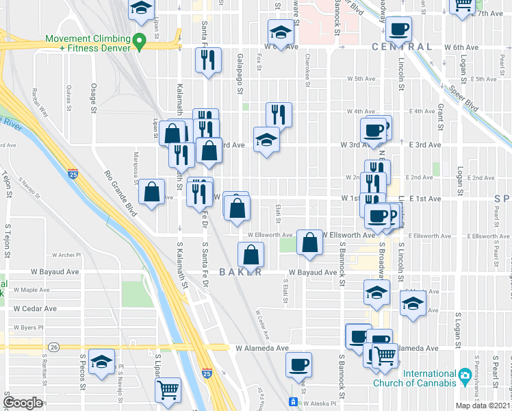 map of restaurants, bars, coffee shops, grocery stores, and more near 103 Fox Street in Denver