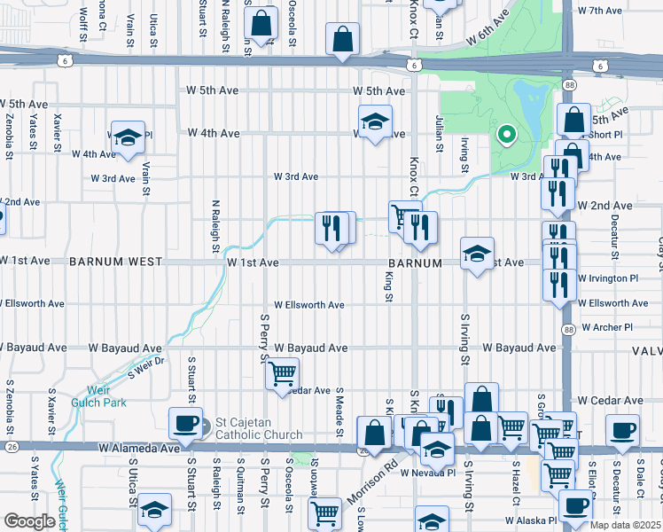 map of restaurants, bars, coffee shops, grocery stores, and more near 118 Meade Street in Denver