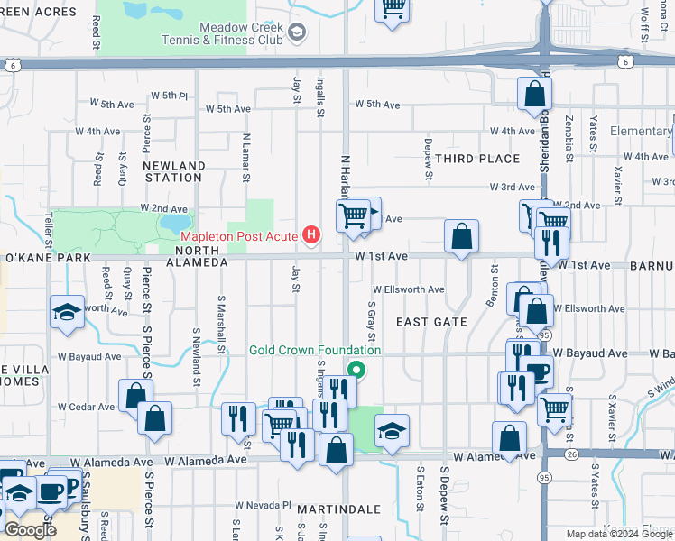 map of restaurants, bars, coffee shops, grocery stores, and more near 6000 West 1st Avenue in Lakewood