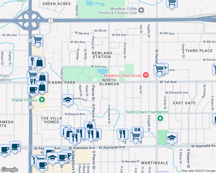 map of restaurants, bars, coffee shops, grocery stores, and more near in Lakewood