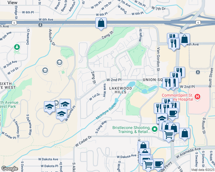 map of restaurants, bars, coffee shops, grocery stores, and more near 199 Xenon Street in Lakewood