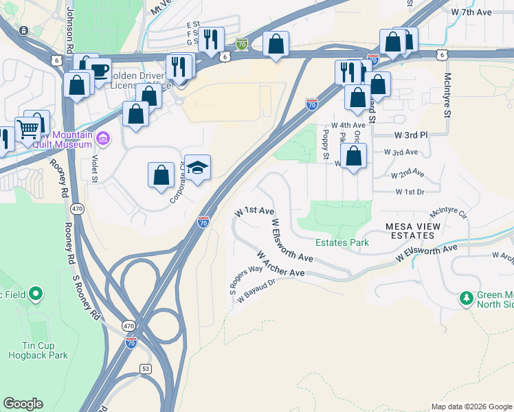 map of restaurants, bars, coffee shops, grocery stores, and more near 16735 West 2nd Avenue in Golden