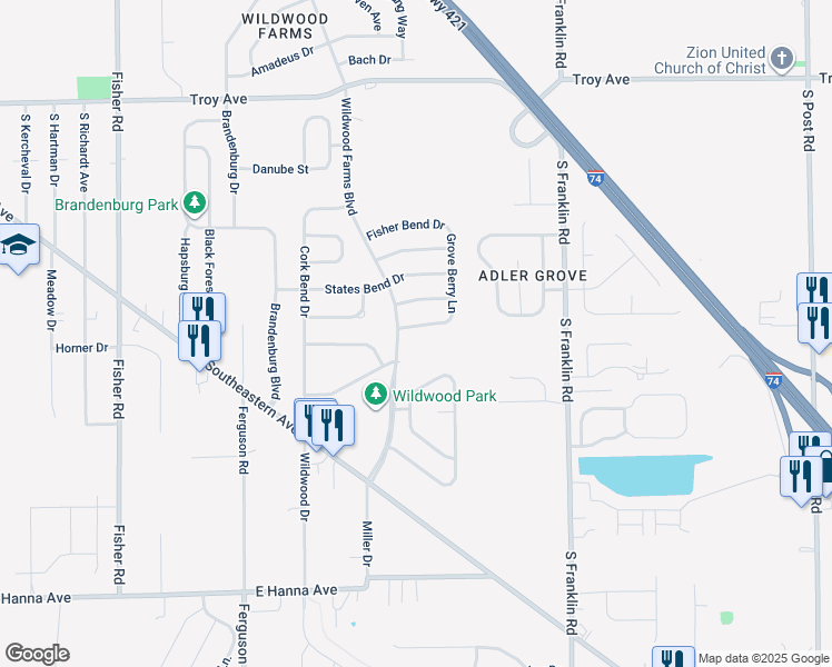 map of restaurants, bars, coffee shops, grocery stores, and more near 8112 Wildwood Farms Drive in Indianapolis