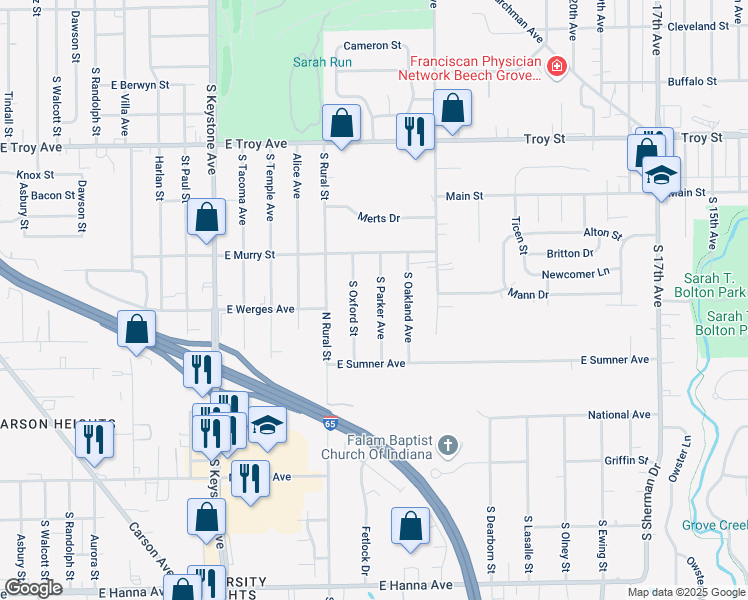 map of restaurants, bars, coffee shops, grocery stores, and more near 3301 South Parker Avenue in Indianapolis