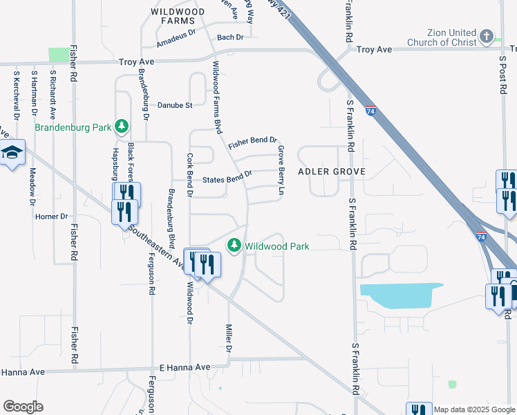 map of restaurants, bars, coffee shops, grocery stores, and more near 8112 Wildwood Farms Drive in Indianapolis