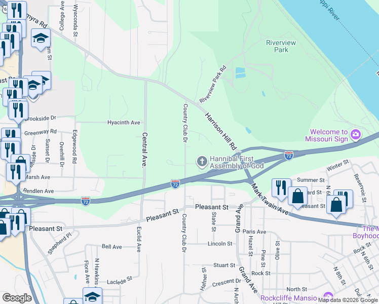 map of restaurants, bars, coffee shops, grocery stores, and more near 1406 Country Club Drive in Hannibal