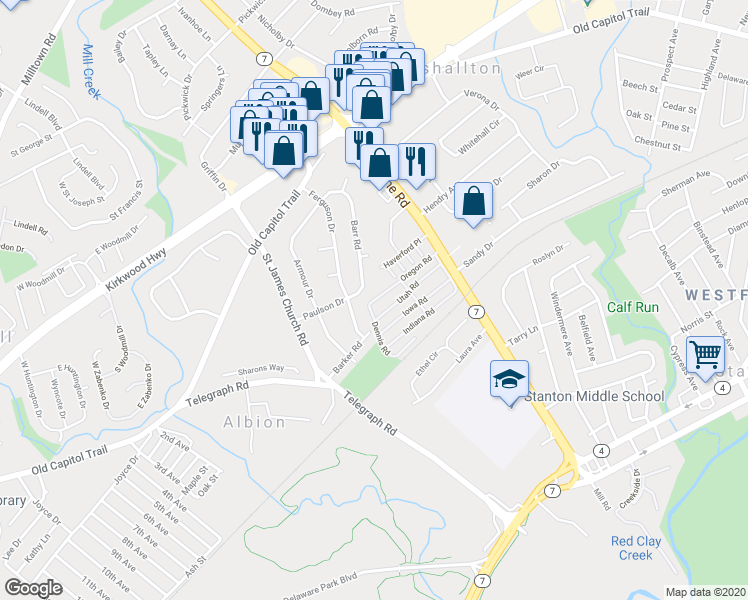 map of restaurants, bars, coffee shops, grocery stores, and more near 38 Oregon Road in Wilmington