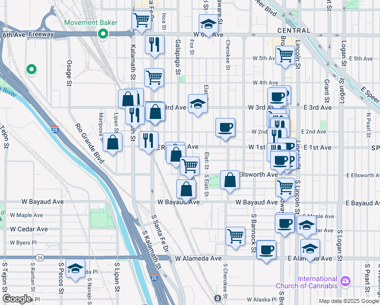 map of restaurants, bars, coffee shops, grocery stores, and more near 75 Fox Street in Denver