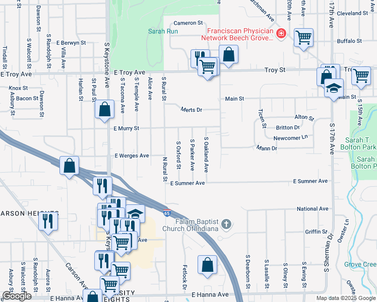 map of restaurants, bars, coffee shops, grocery stores, and more near 3301 South Parker Avenue in Indianapolis