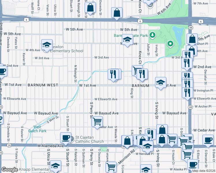 map of restaurants, bars, coffee shops, grocery stores, and more near 84 Newton Street in Denver