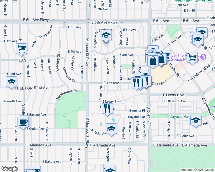 map of restaurants, bars, coffee shops, grocery stores, and more near 85 Newport Street in Denver