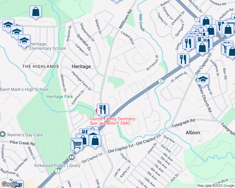map of restaurants, bars, coffee shops, grocery stores, and more near 5107 West Woodmill Drive in Wilmington