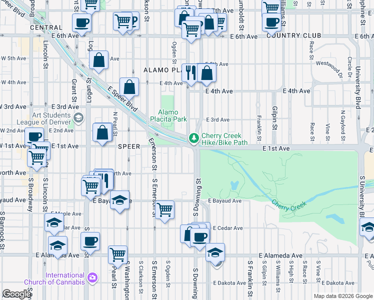 map of restaurants, bars, coffee shops, grocery stores, and more near 90 Corona Street in Denver