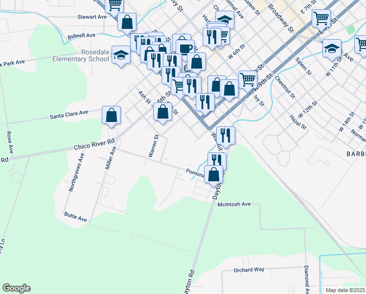 map of restaurants, bars, coffee shops, grocery stores, and more near 815 Pomona Avenue in Chico