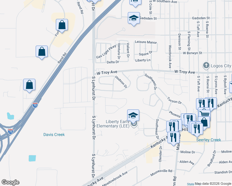 map of restaurants, bars, coffee shops, grocery stores, and more near 5036 Seerley Creek Road in Indianapolis