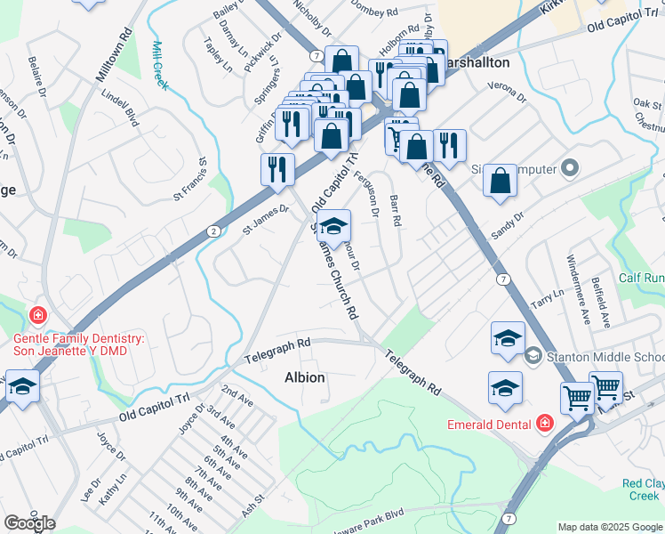 map of restaurants, bars, coffee shops, grocery stores, and more near Saint James Church Road in New Castle County
