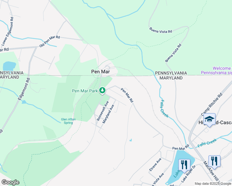 map of restaurants, bars, coffee shops, grocery stores, and more near Cascade Way in Frederick