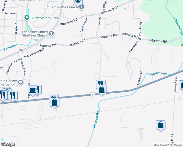 map of restaurants, bars, coffee shops, grocery stores, and more near 187 Sells Road in Lancaster