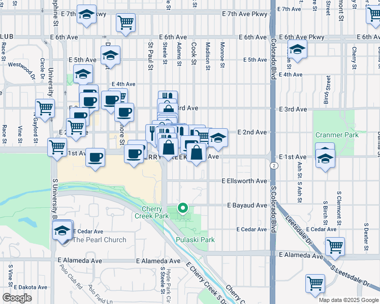 map of restaurants, bars, coffee shops, grocery stores, and more near 121 Cook Street in Denver