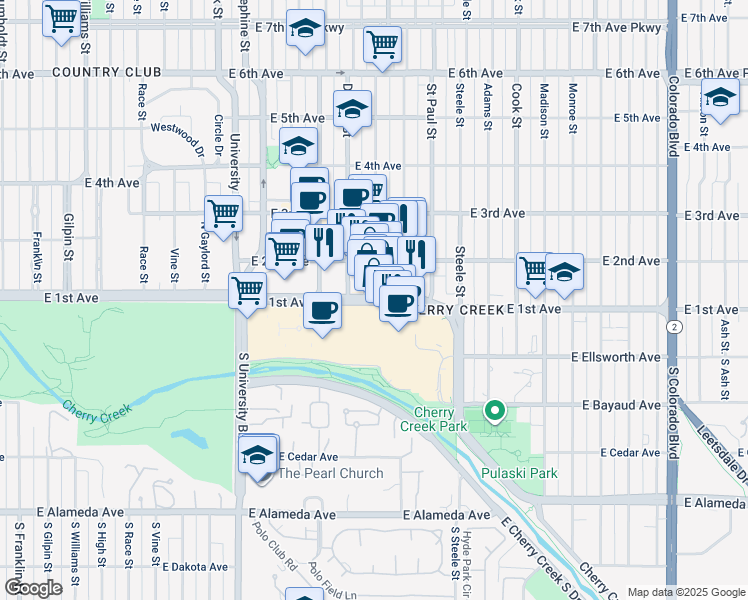 map of restaurants, bars, coffee shops, grocery stores, and more near 3000 East 1st Avenue in Denver