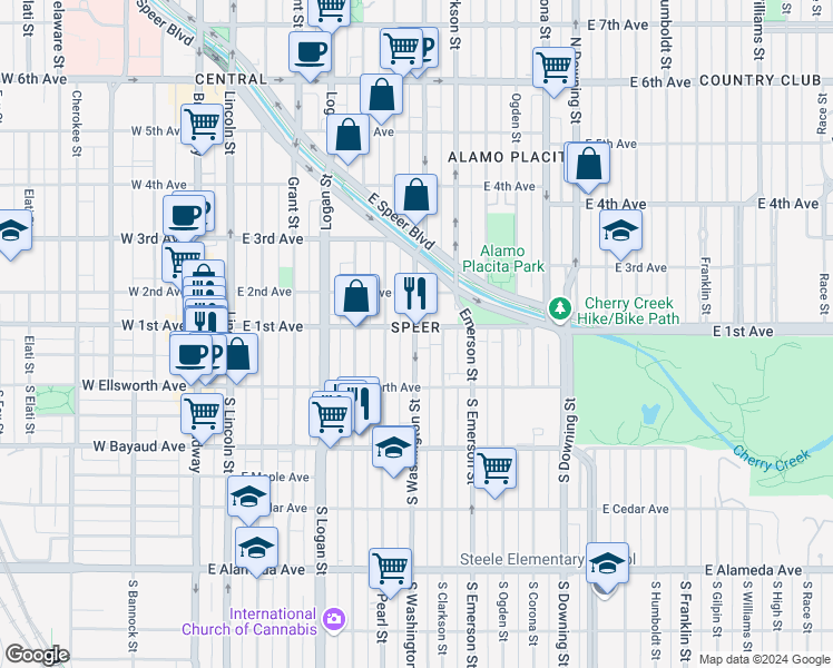 map of restaurants, bars, coffee shops, grocery stores, and more near 703 East 1st Avenue in Denver