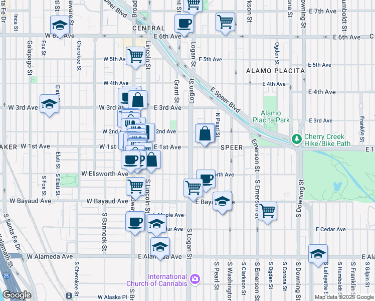 map of restaurants, bars, coffee shops, grocery stores, and more near 104 Grant Street in Denver