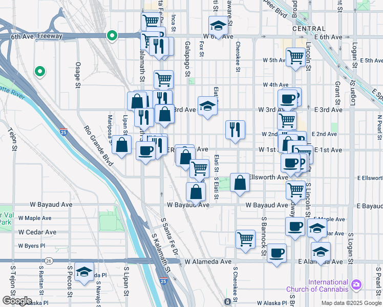 map of restaurants, bars, coffee shops, grocery stores, and more near 103 Fox Street in Denver